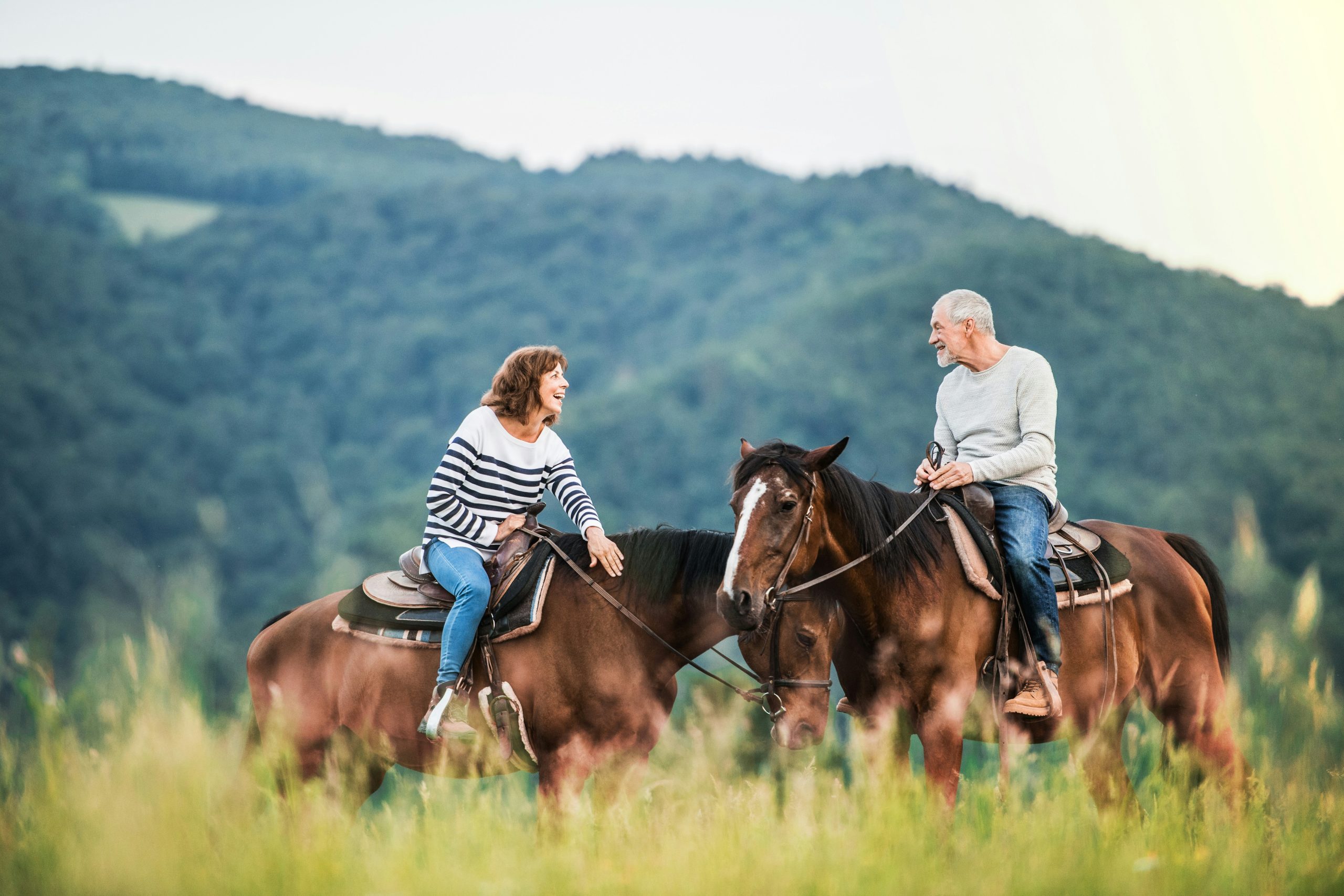 A retired couple on horseback in rolling countryside