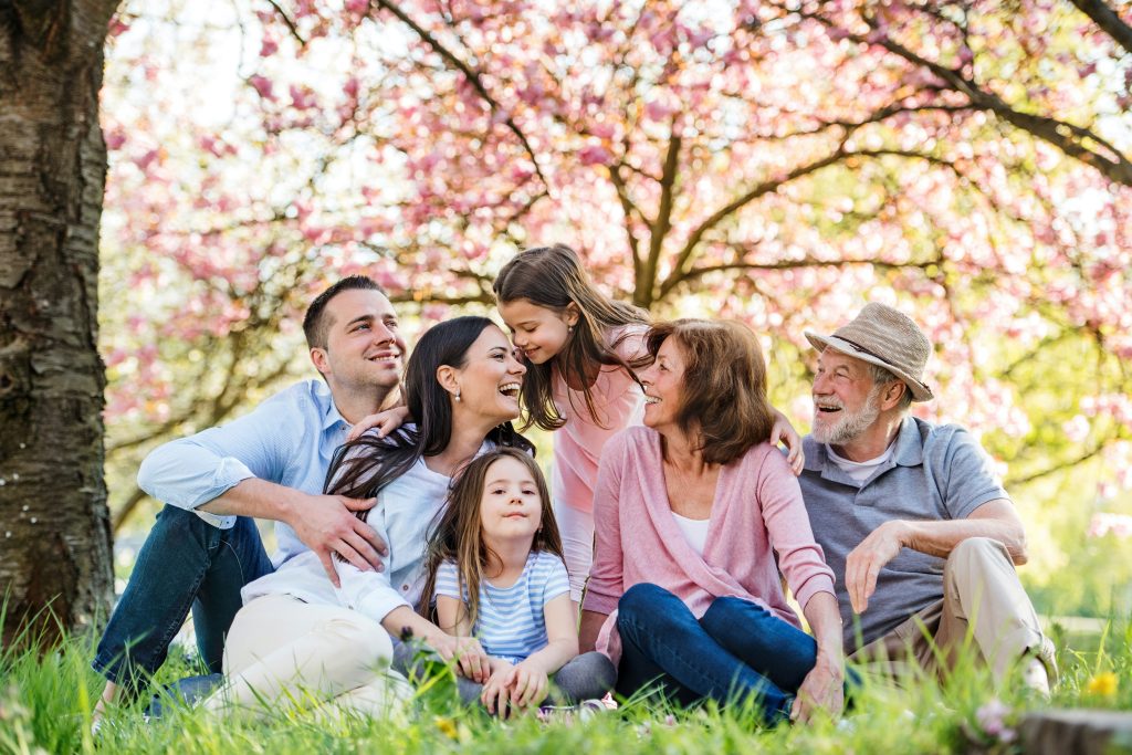 Three generations of a family sitting together under a blossoming tree